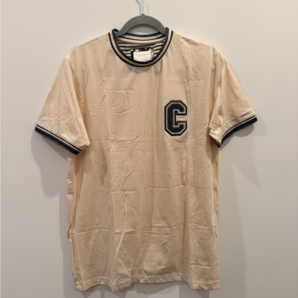 Denim & Flower Cream Tee with Black Accents